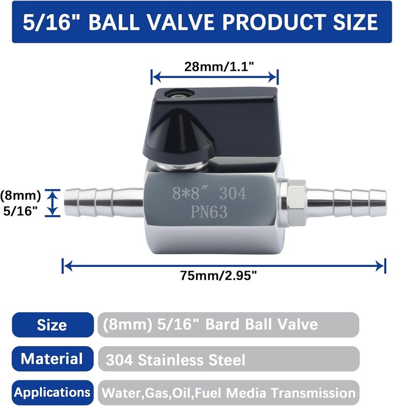 JROUTH 1/4″ Hose Barb Ball Valve, 304 Stainless Steel Mini Fuel Shut Off Valve,Heater Hose Shut Off Valve for Water Gas Fuel Drip Irrigation and Aquariums（2PCS) - Image 2